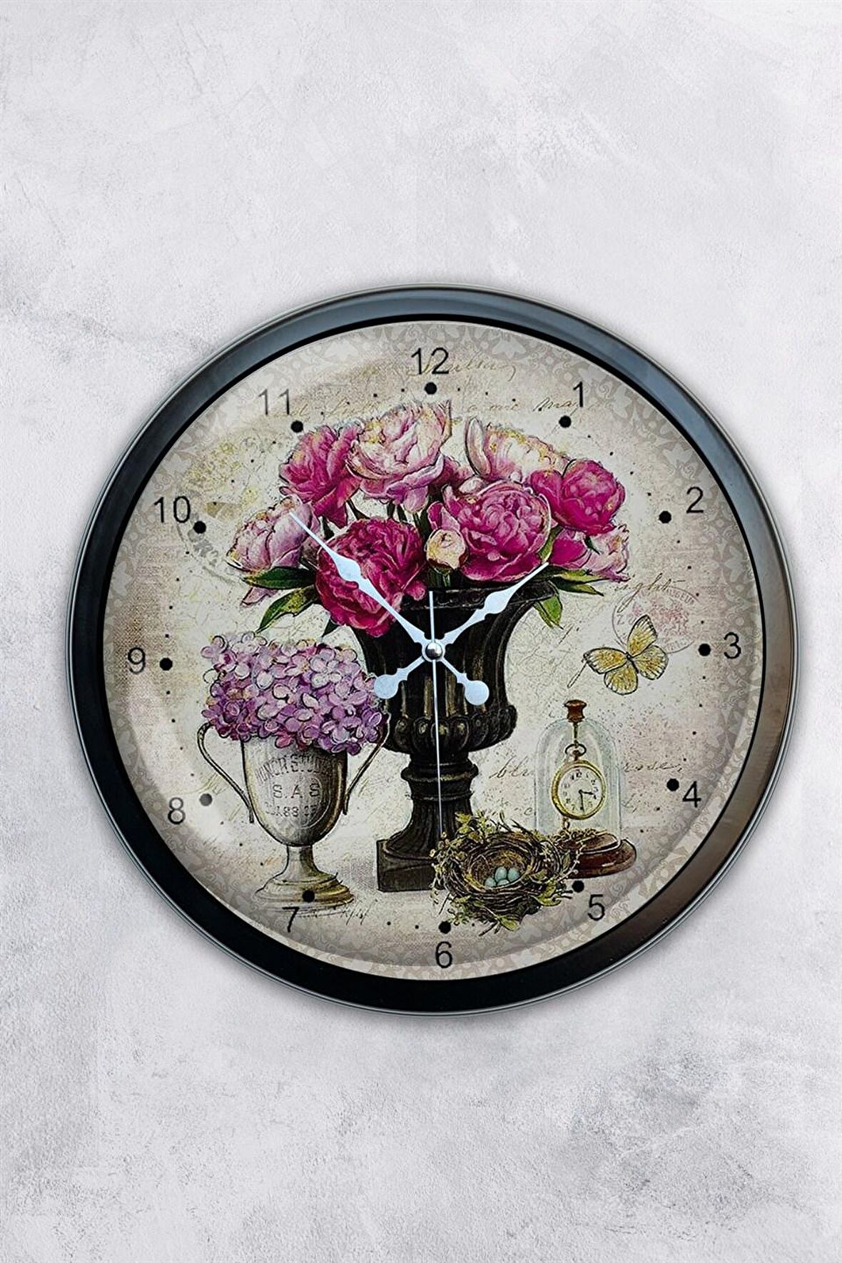 40 Cm Siyah Metal Pembe Çiçek Duvar Saati