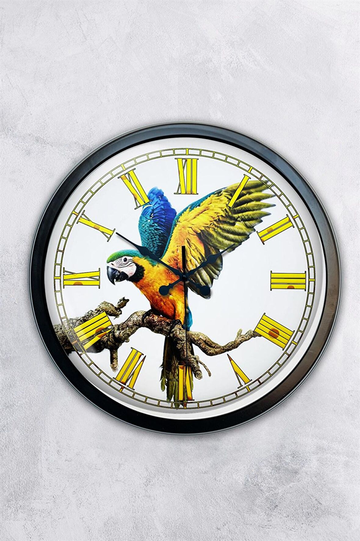 40 Cm Siyah Metal Papağan Duvar Saati