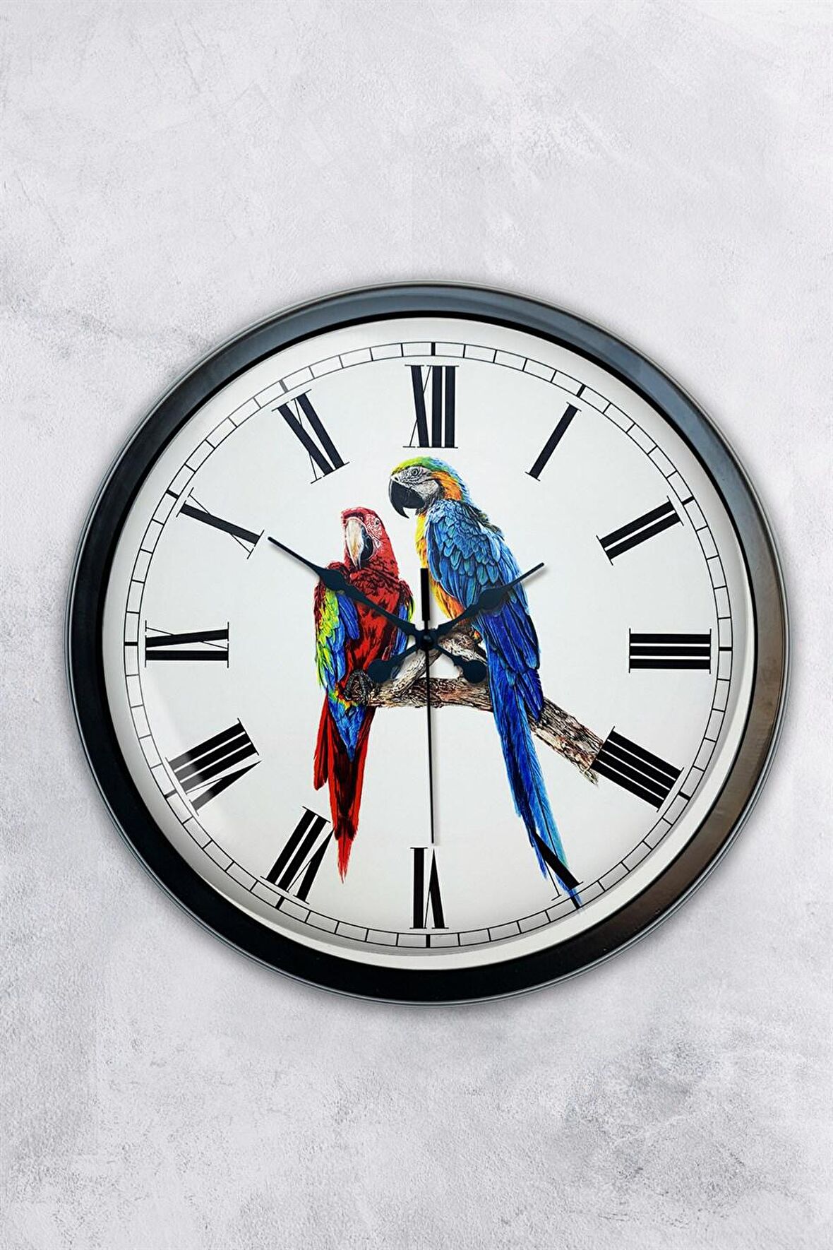40 Cm Siyah Metal Papağan Duvar Saati