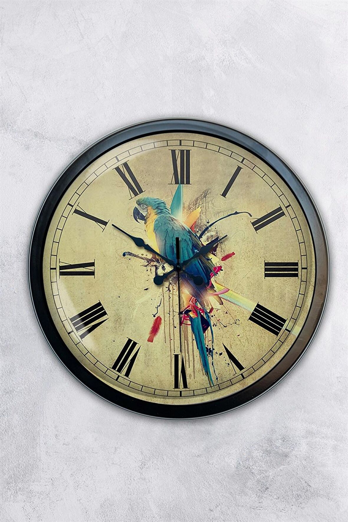 40 Cm Siyah Metal Papağan Duvar Saati
