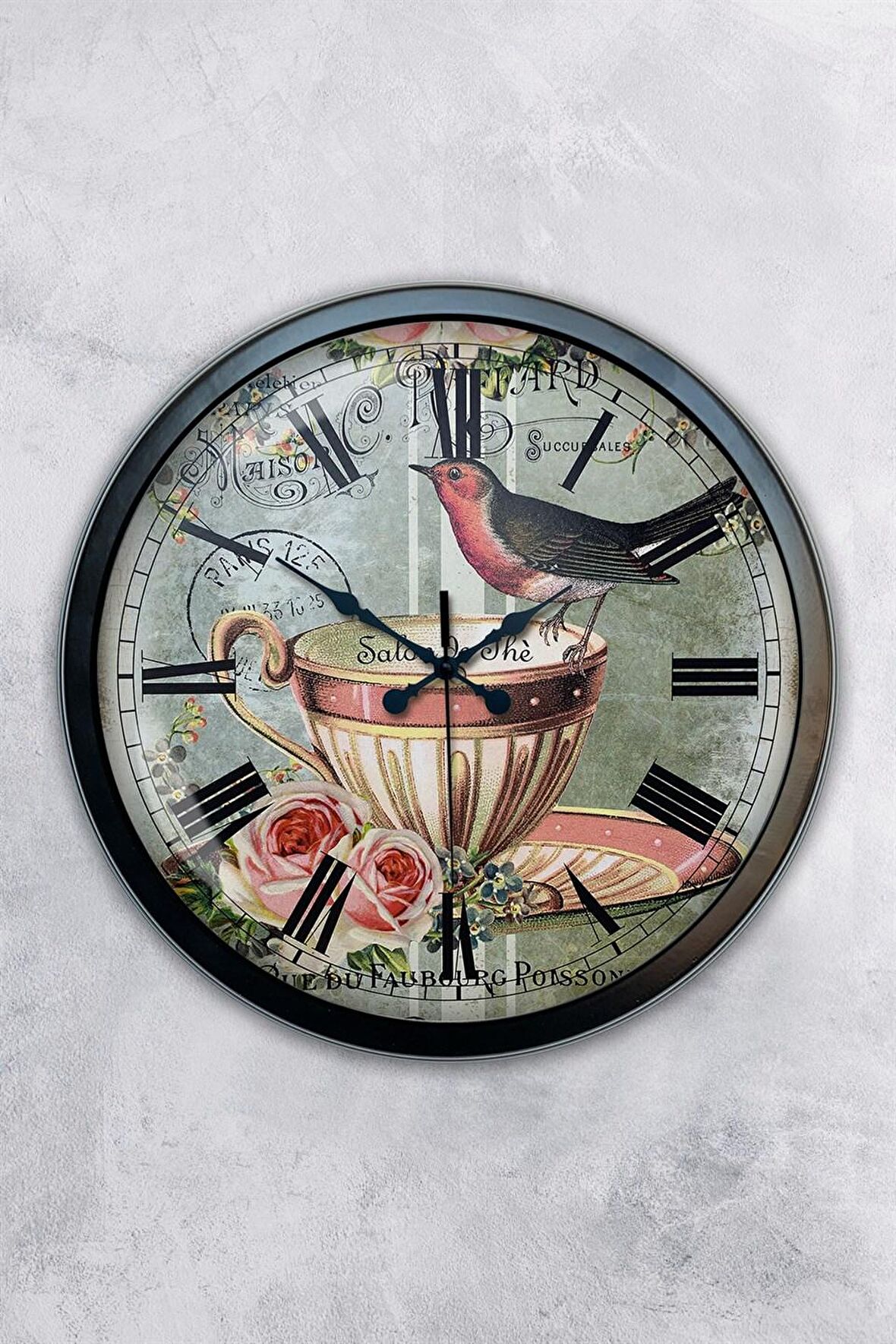 40 Cm Siyah Metal Kuşlu Duvar Saati