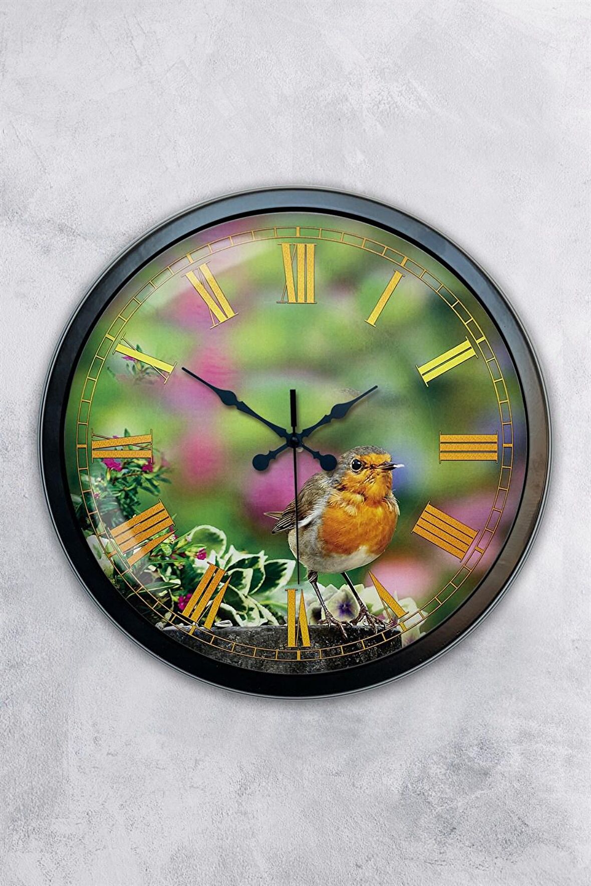 40 Cm Siyah Metal Kuşlu Duvar Saati