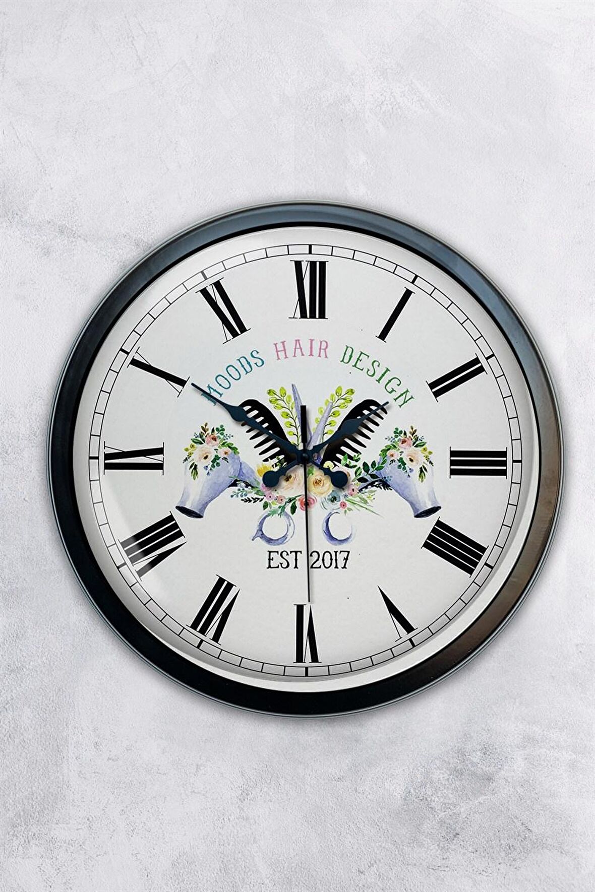 40 Cm Siyah Metal Kuaför Duvar Saati