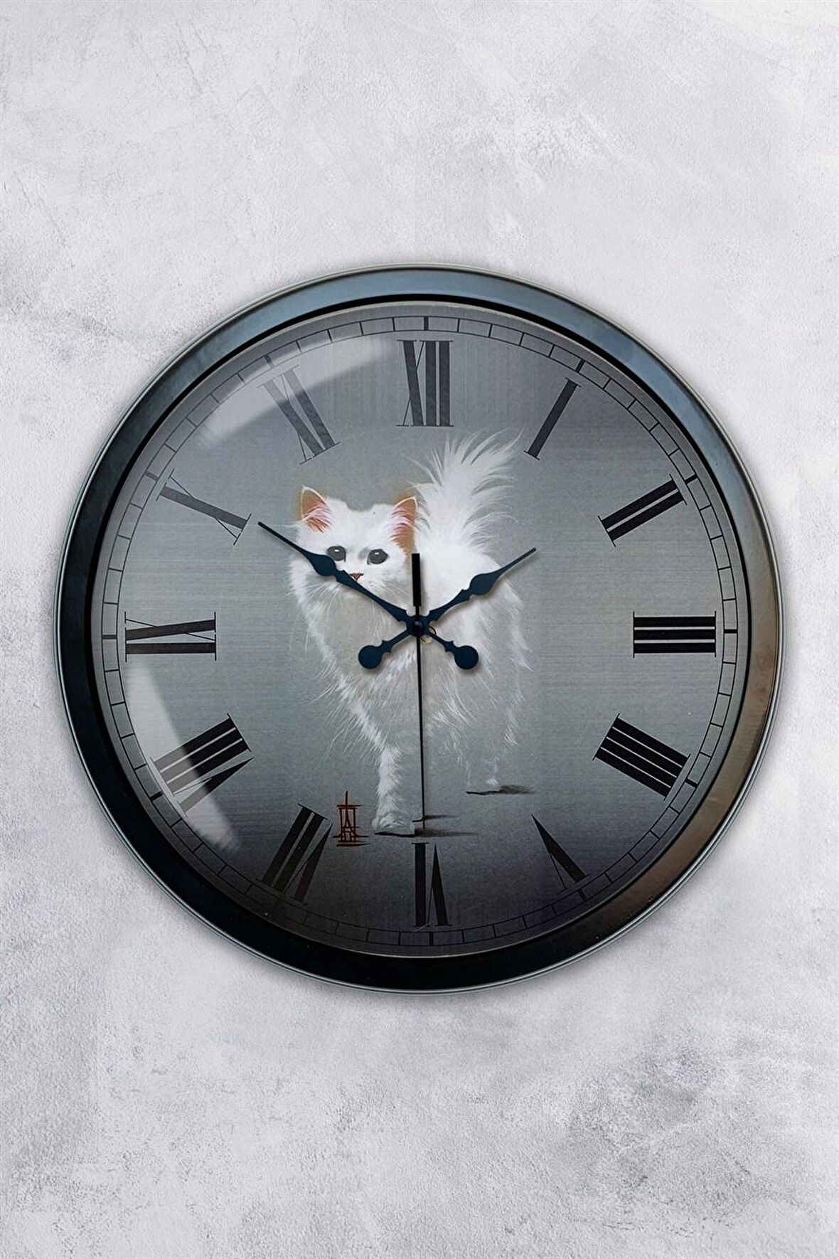 40 Cm Siyah Metal Kedi Duvar Saati
