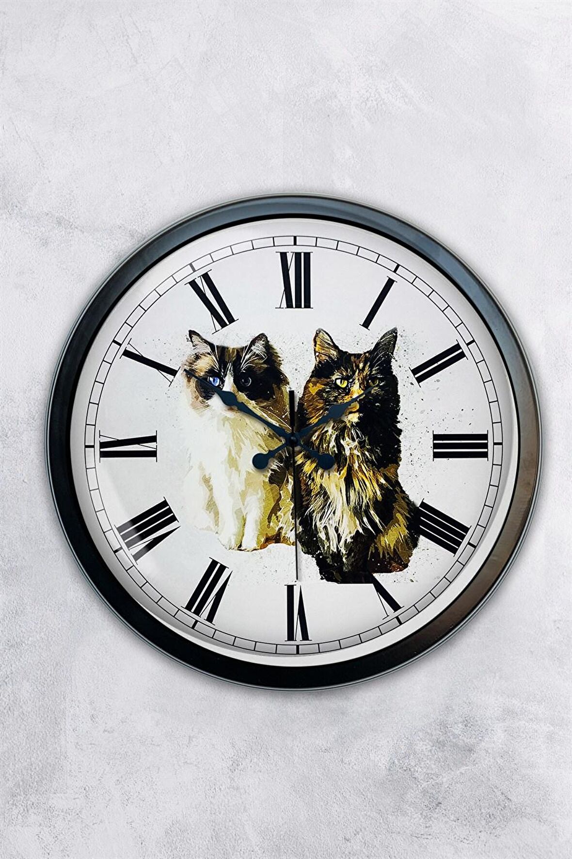 40 Cm Siyah Metal Kedi Duvar Saati