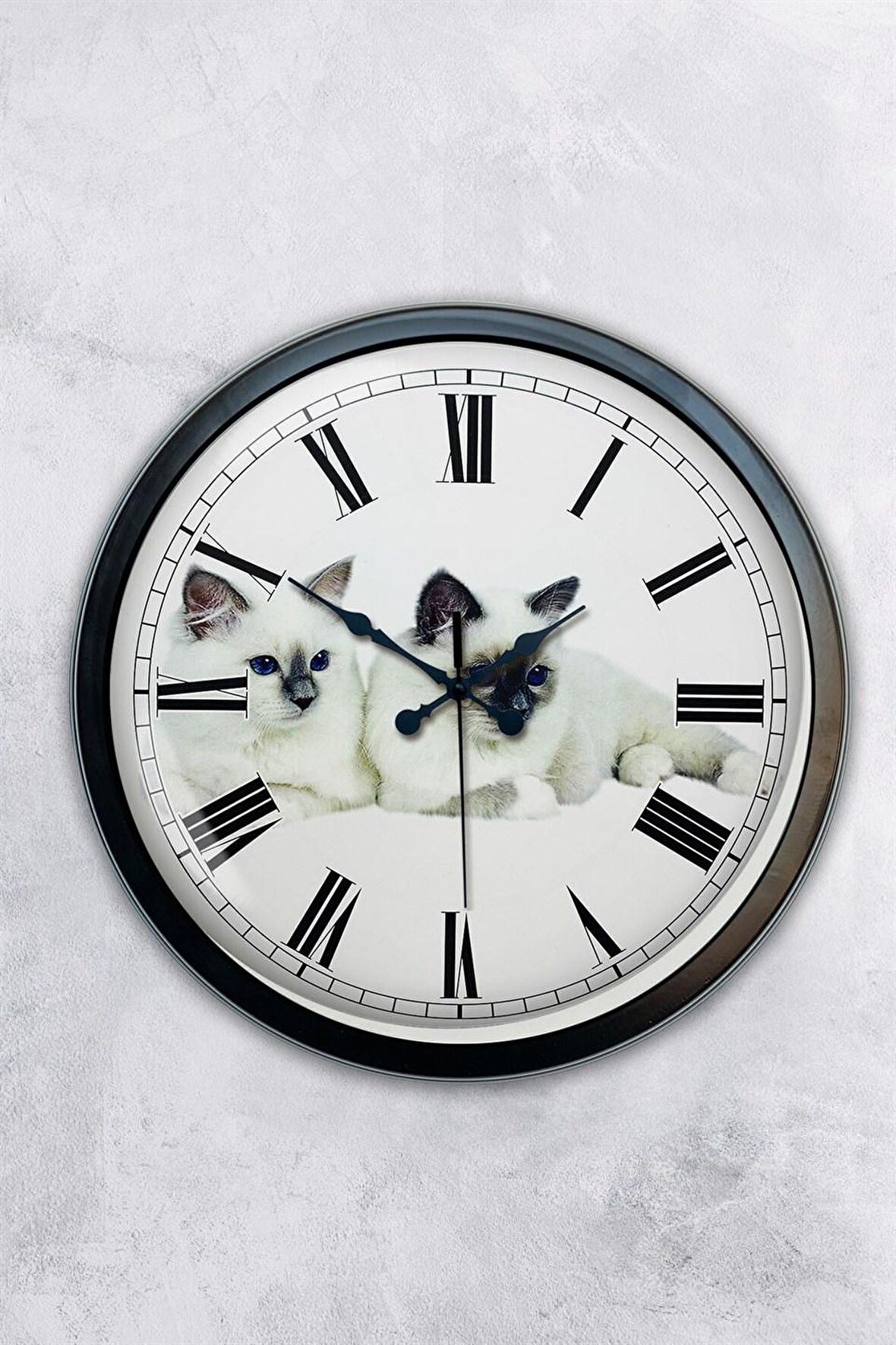 40 Cm Siyah Metal Kedi Duvar Saati