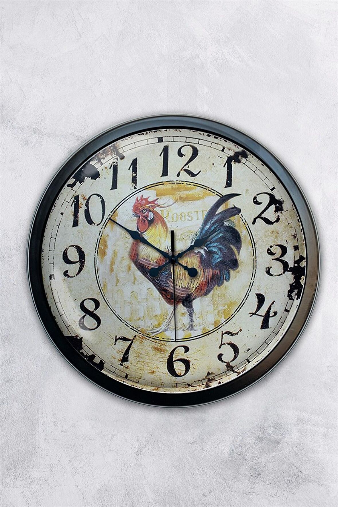 40 Cm Siyah Metal Horoz Duvar Saati