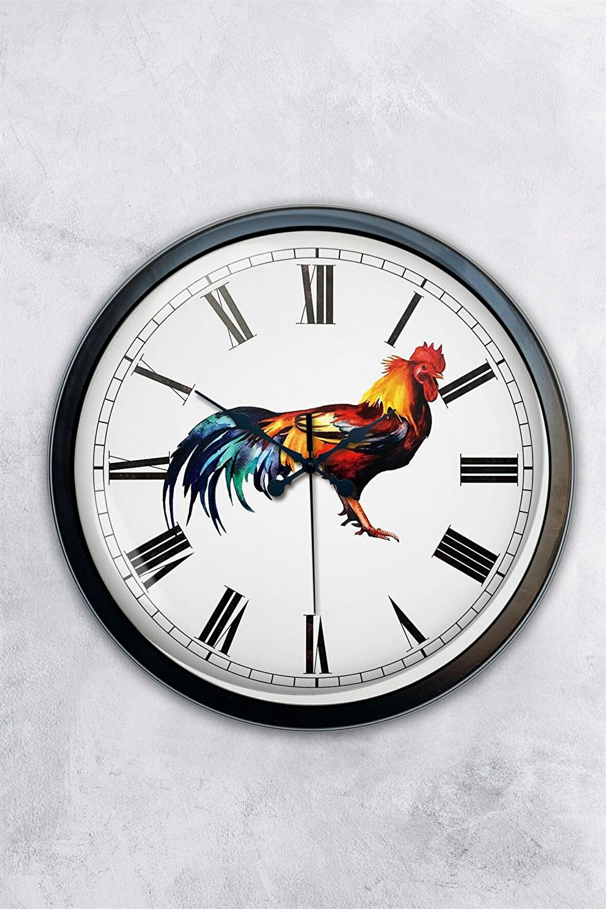 40 Cm Siyah Metal Horoz Duvar Saati