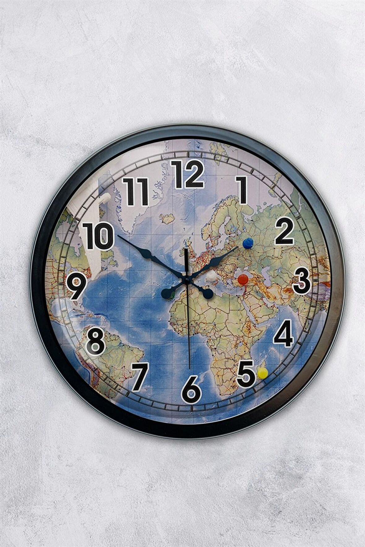 40 Cm Siyah Metal Harita Duvar Saati