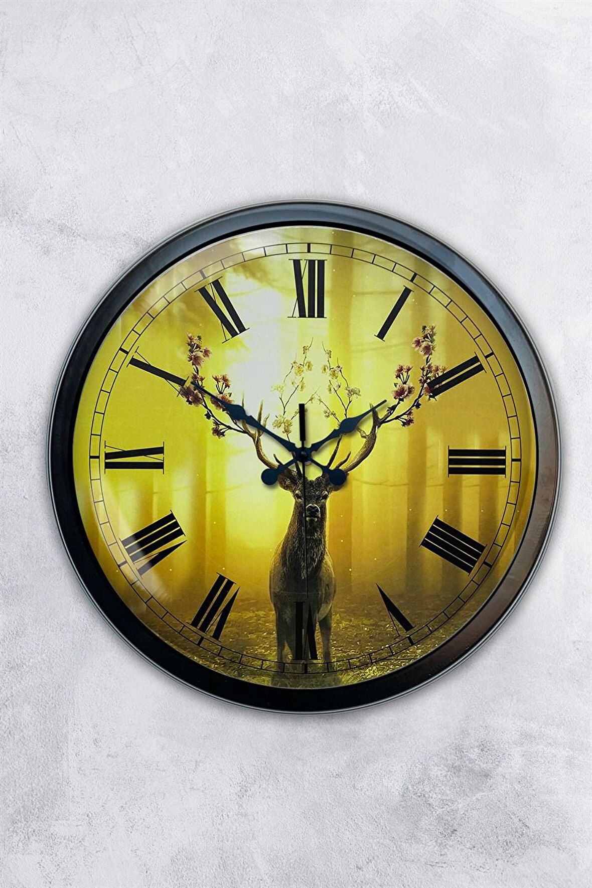 40 Cm Siyah Metal Geyik Duvar Saati