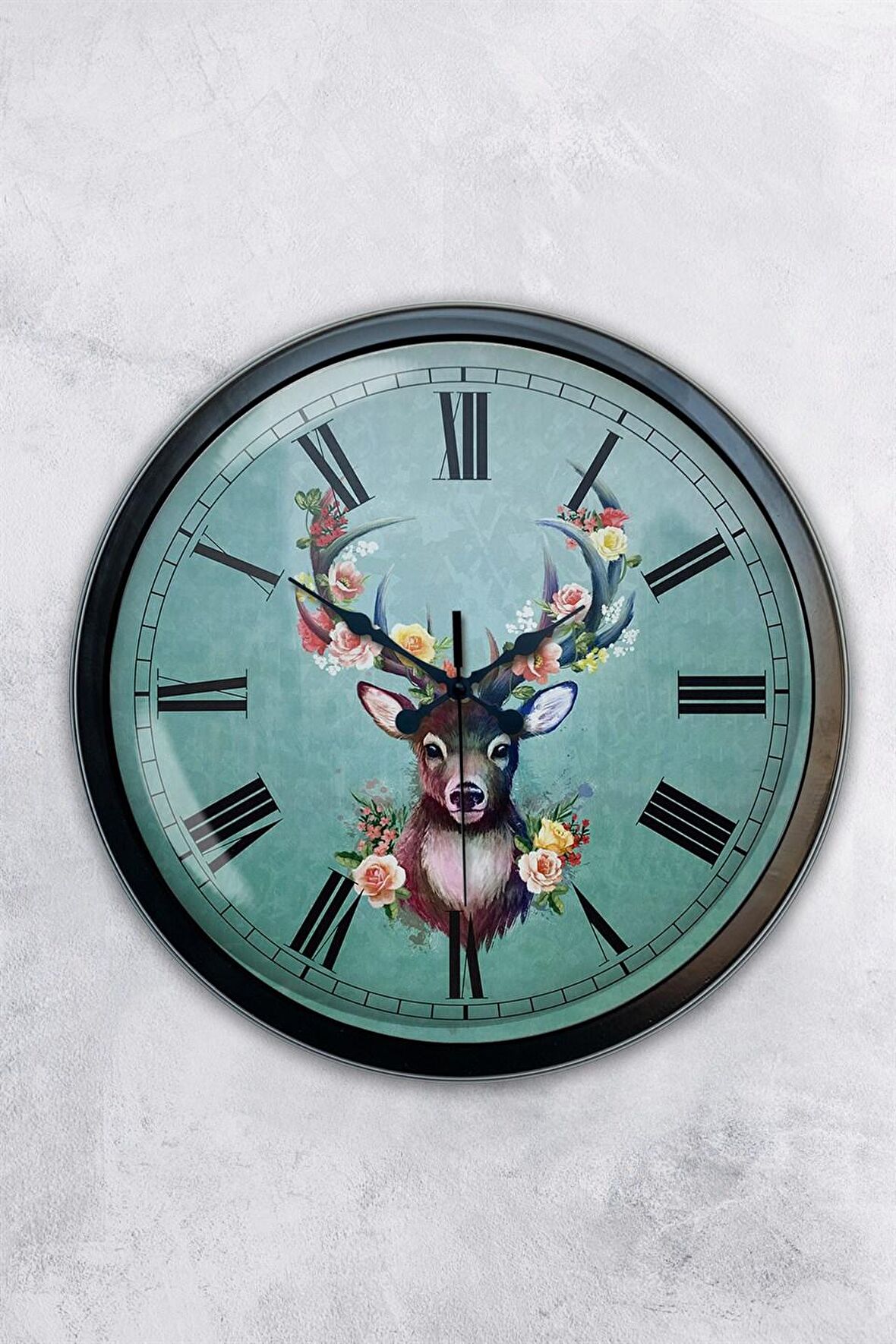 40 Cm Siyah Metal Geyik Duvar Saati