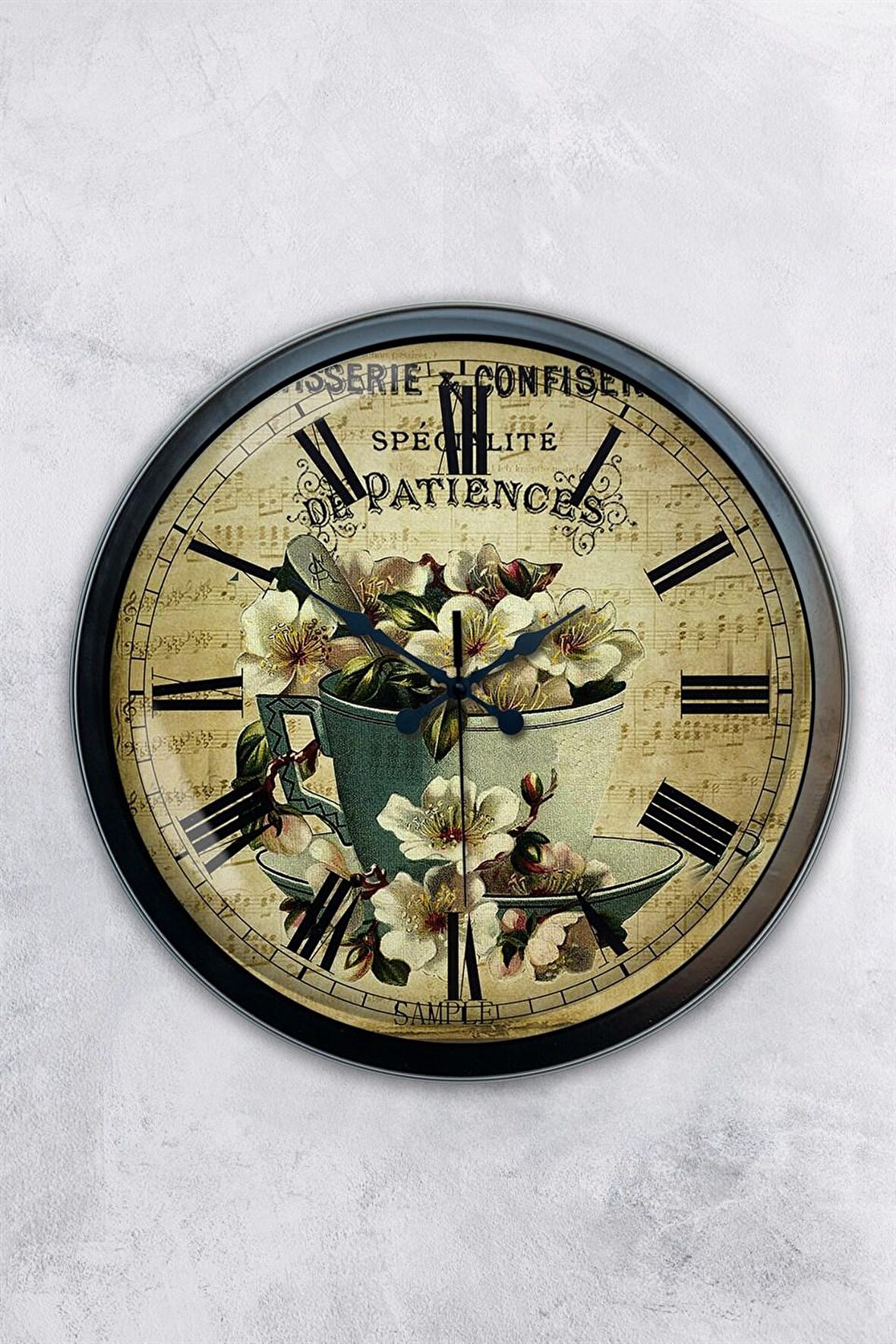 40 Cm Siyah Metal Flowers Duvar Saati