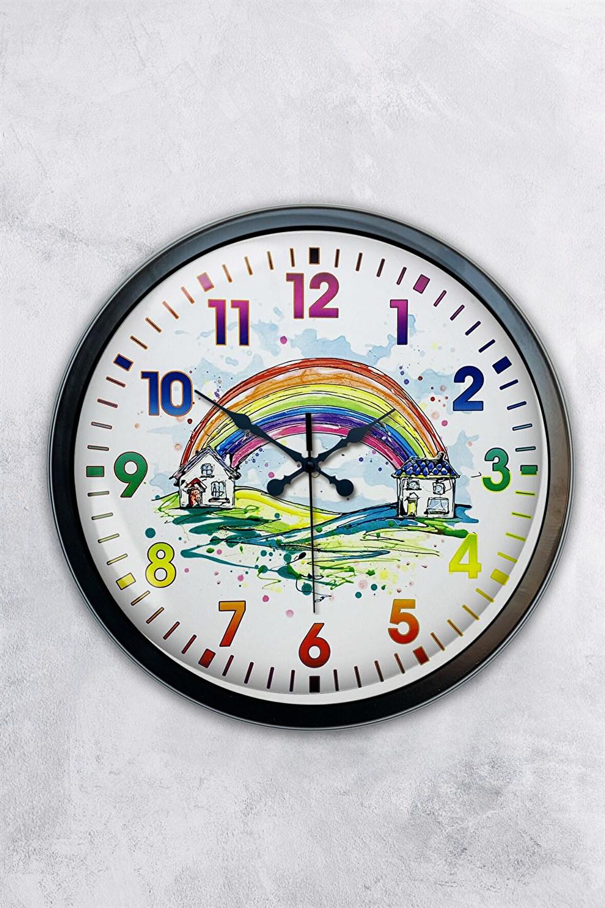 40 Cm Siyah Metal Çocuk Gökkuşağı Duvar Saati