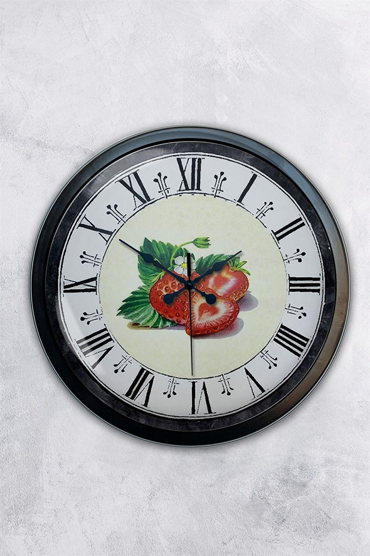 40 Cm Siyah Metal Çilek Duvar Saati