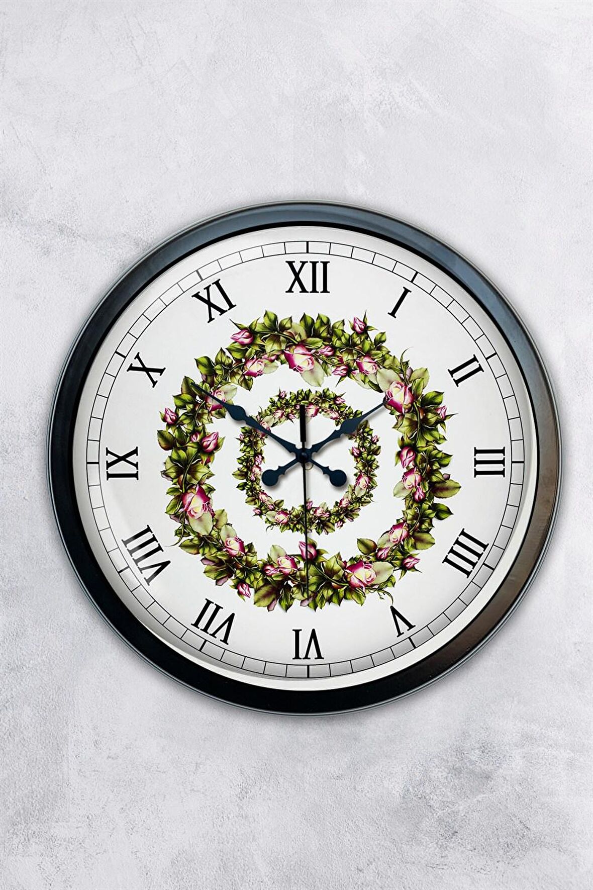 40 Cm Siyah Metal Çiçek Duvar Saati