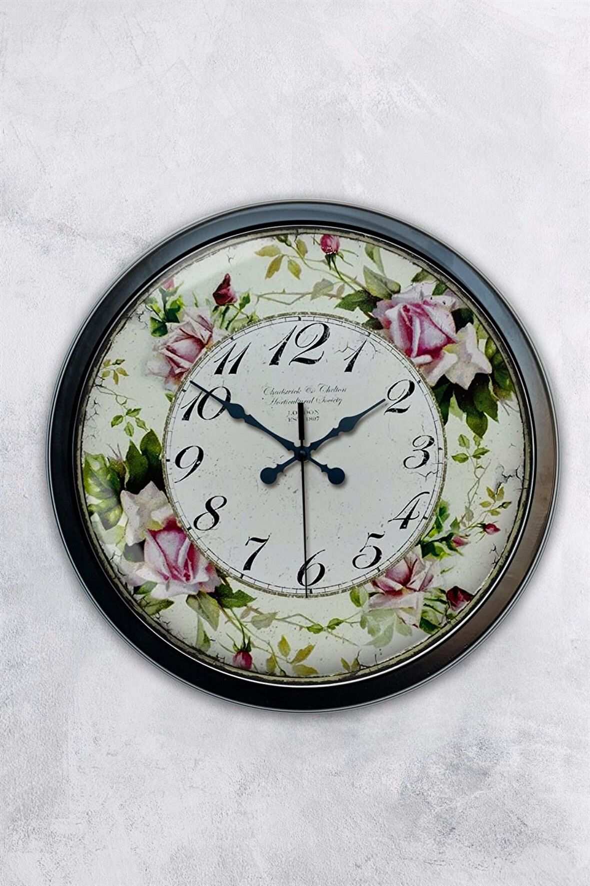 40 Cm Siyah Metal Çiçek Duvar Saati