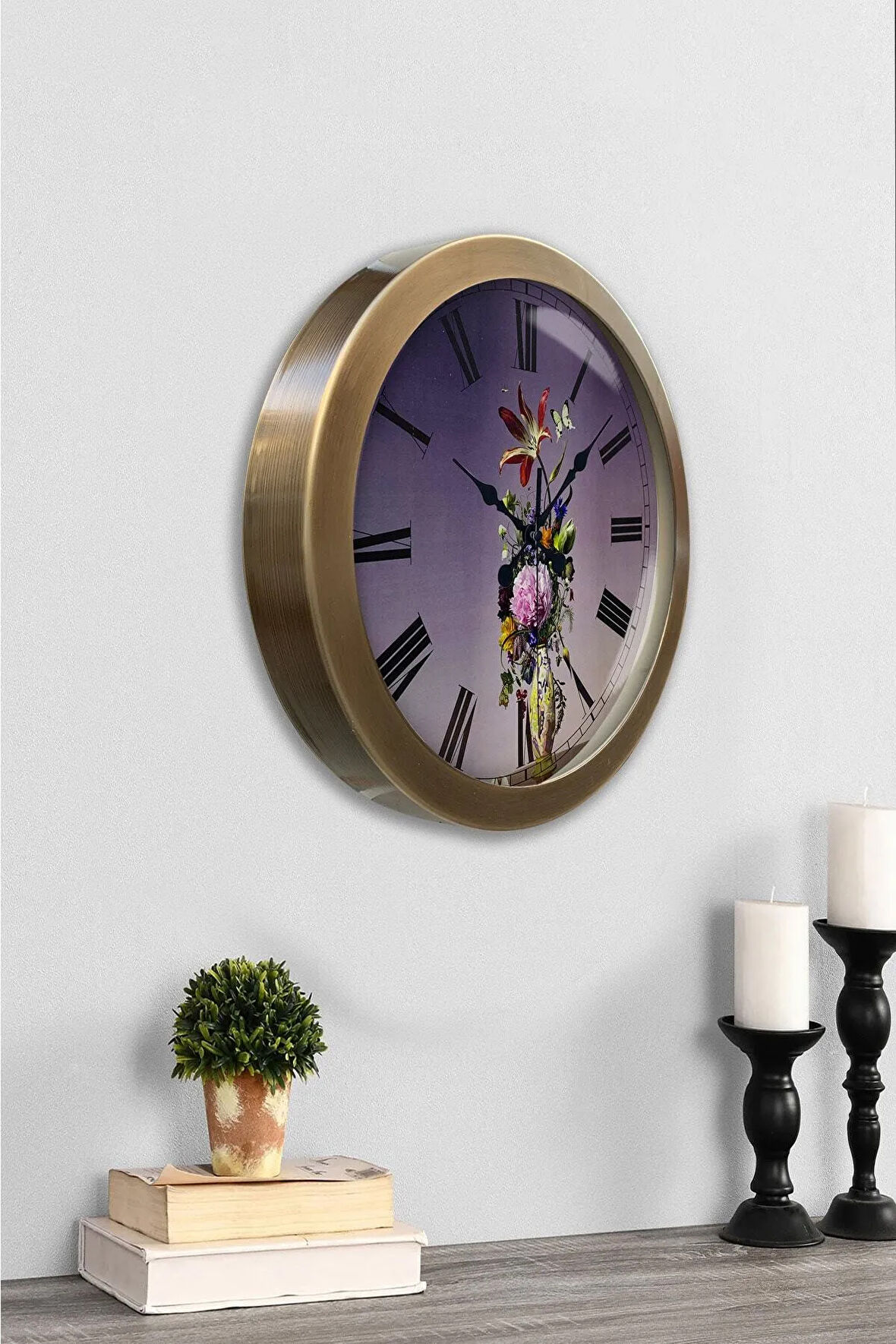 36 cm Eskitme Metal Çiçek Duvar Saati