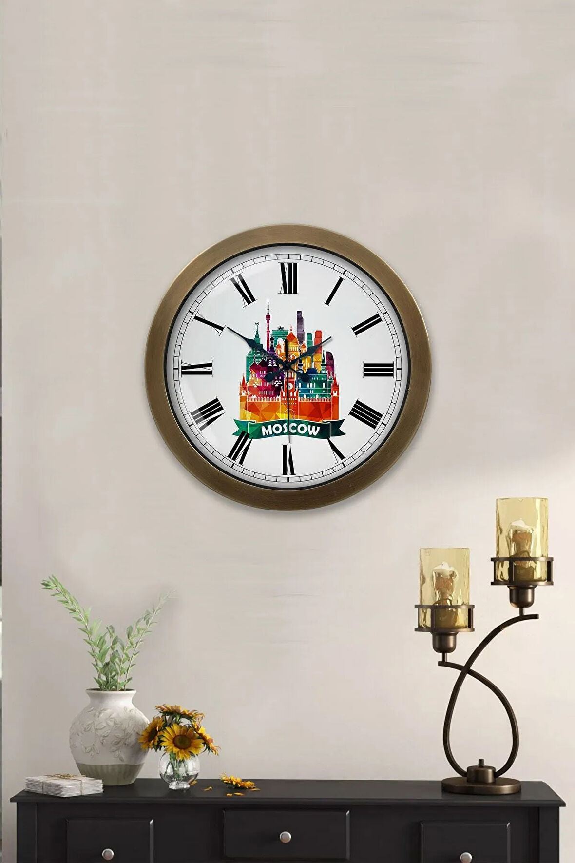 Hediyelik 36 Cm Eskitme Metal Moscow Temalı Duvar Saati