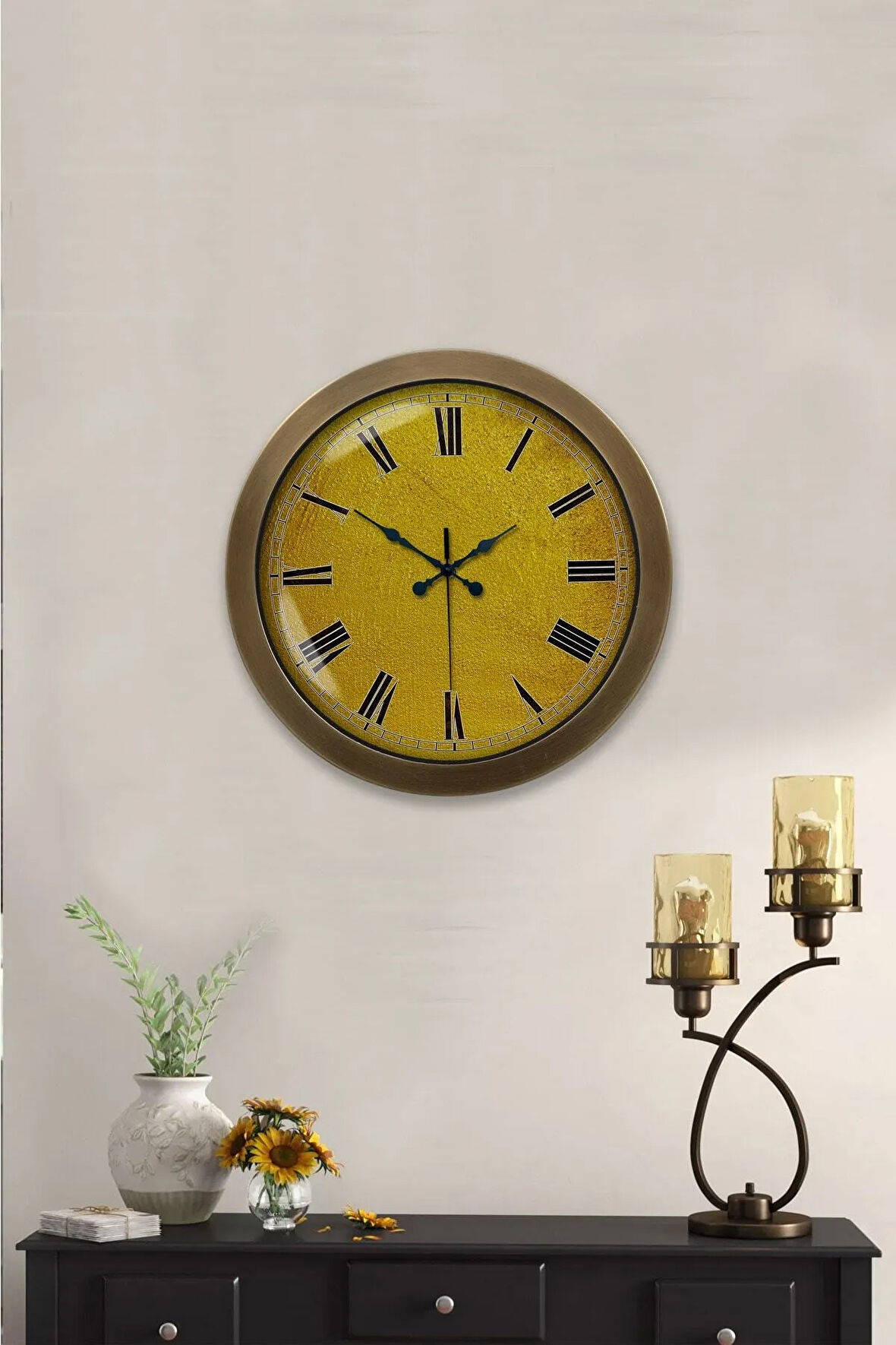 36 cm Eskitme Metal Sarı Duvar Saati