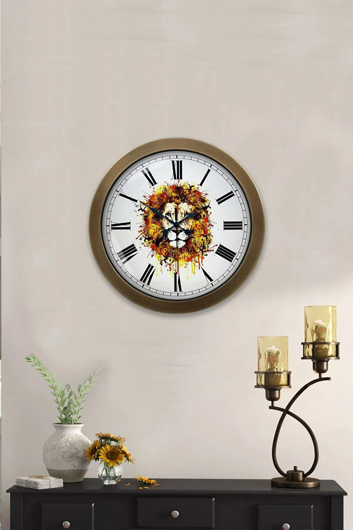 Hediyelik 36 Cm Eskitme Metal Aslan Temalı Duvar Saati