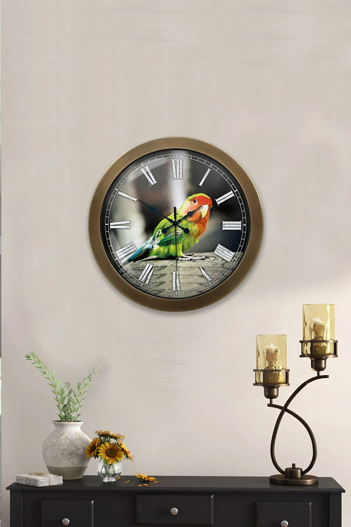 Hediyelik 36 cm Eskitme Metal Kuşlu Duvar Saati