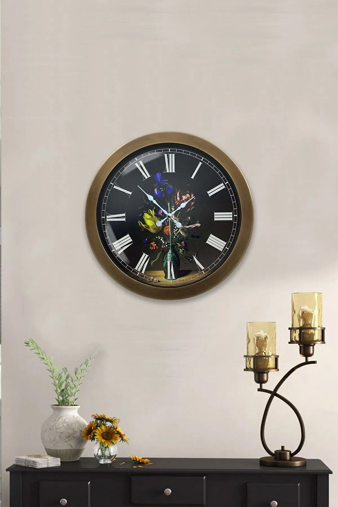 Hediyelik 36 Cm Eskitme Metal Vazolu Çiçek Duvar Saati