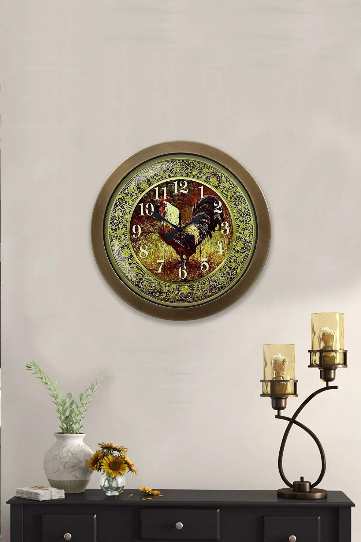 Hediyelik 36 cm Eskitme Metal Horoz Duvar Saati