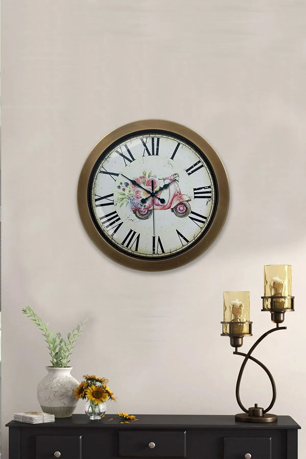 Hediyelik 36 Cm Eskitme Metal Pembe Motor Duvar Saati