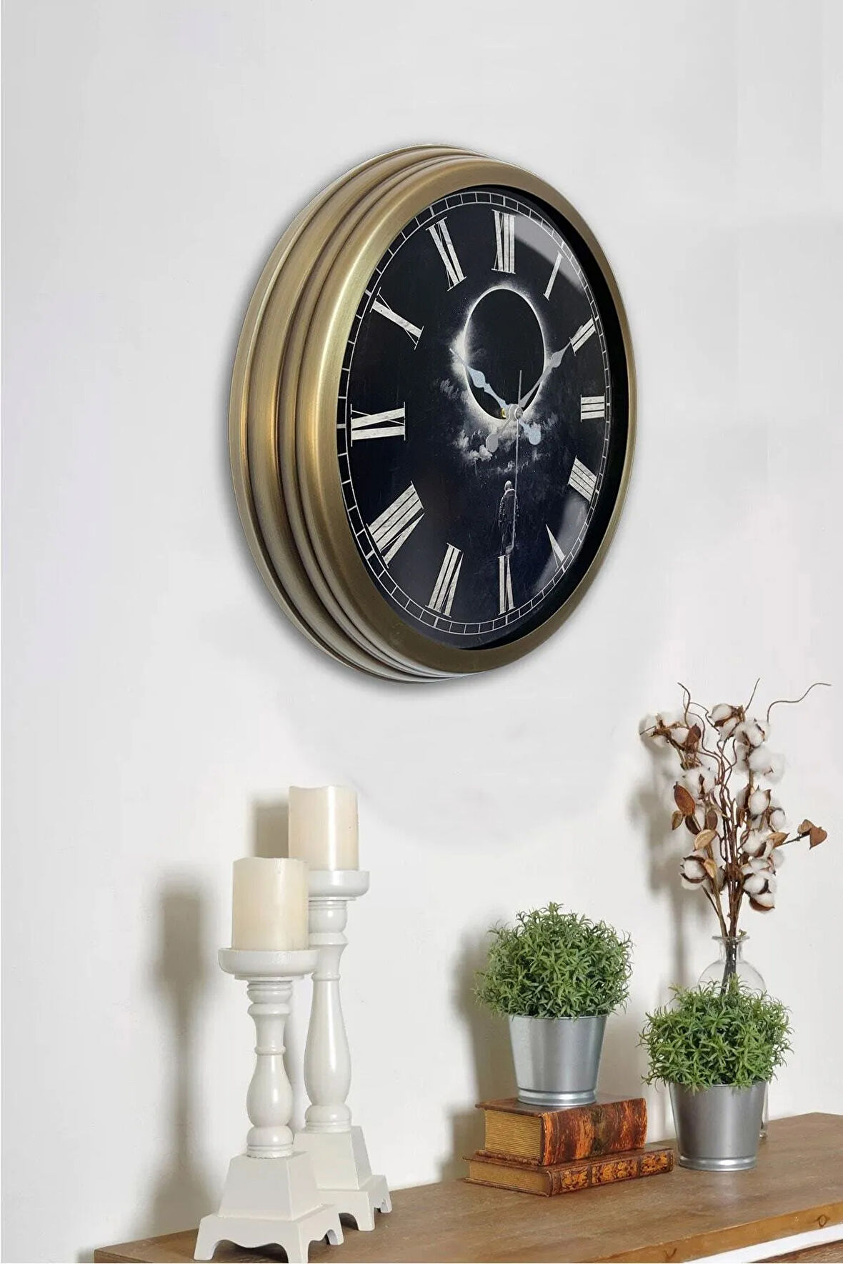 Hediyelik 40 cm Eskitme Metal Dolunay Duvar Saati