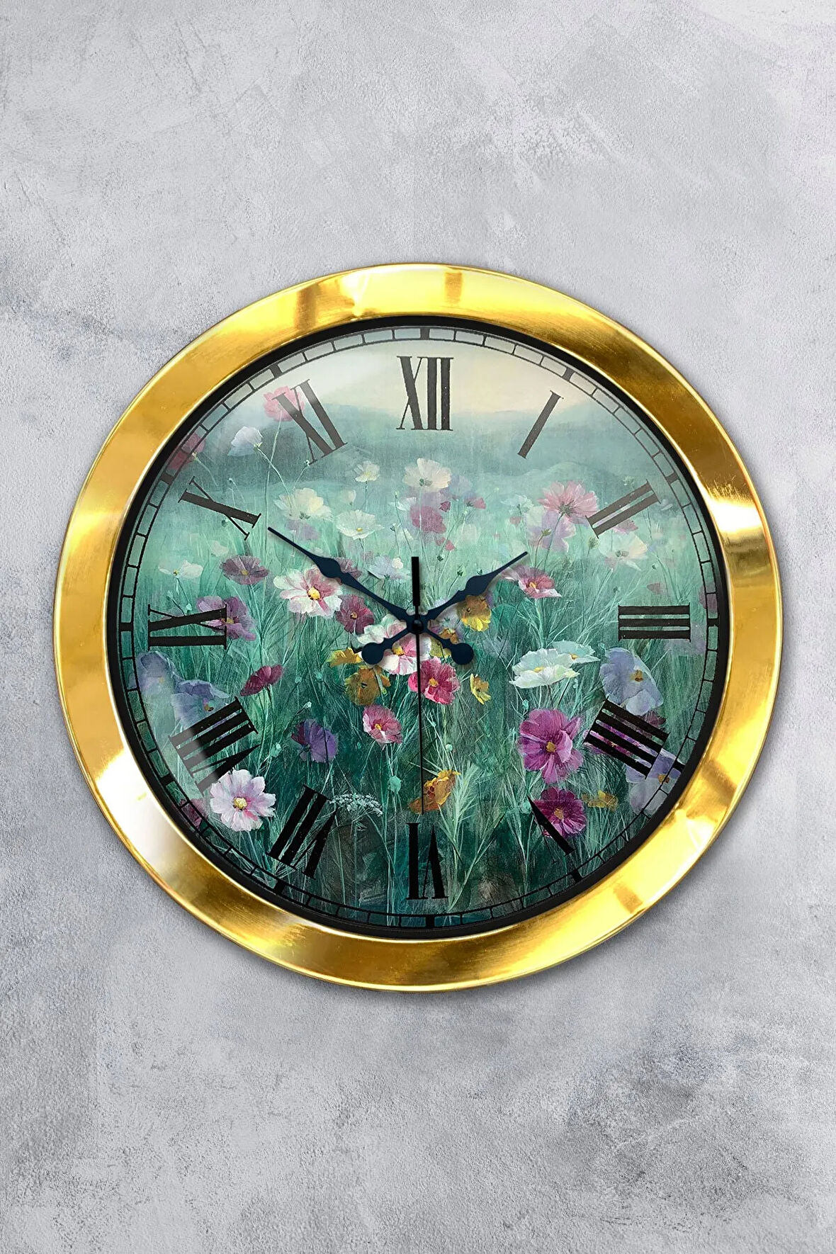 Hediyelik 36 Cm Gold Metal Çiçek Duvar Saati