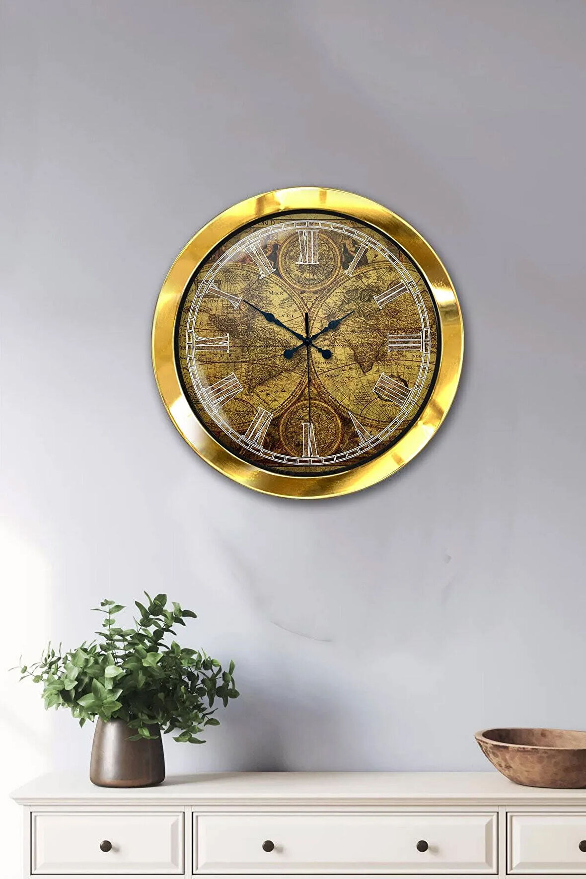 Hediyelik 36 Cm Gold Metal Harita Duvar Saati