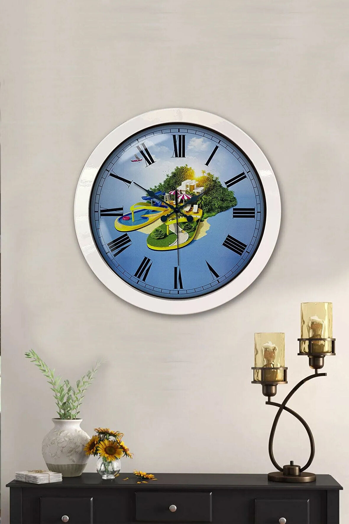 Hediyelik 36 Cm Beyaz Metal Tatil Turizm Duvar Saati