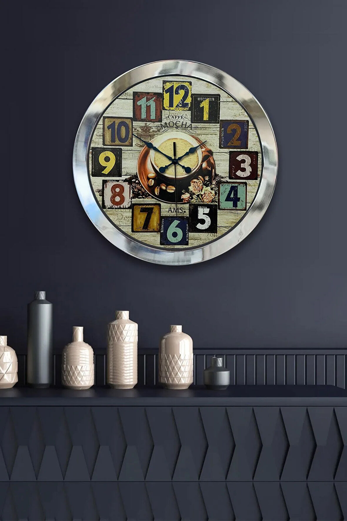 Hediyelik 36 Cm Krom Metal Kahve Duvar Saati