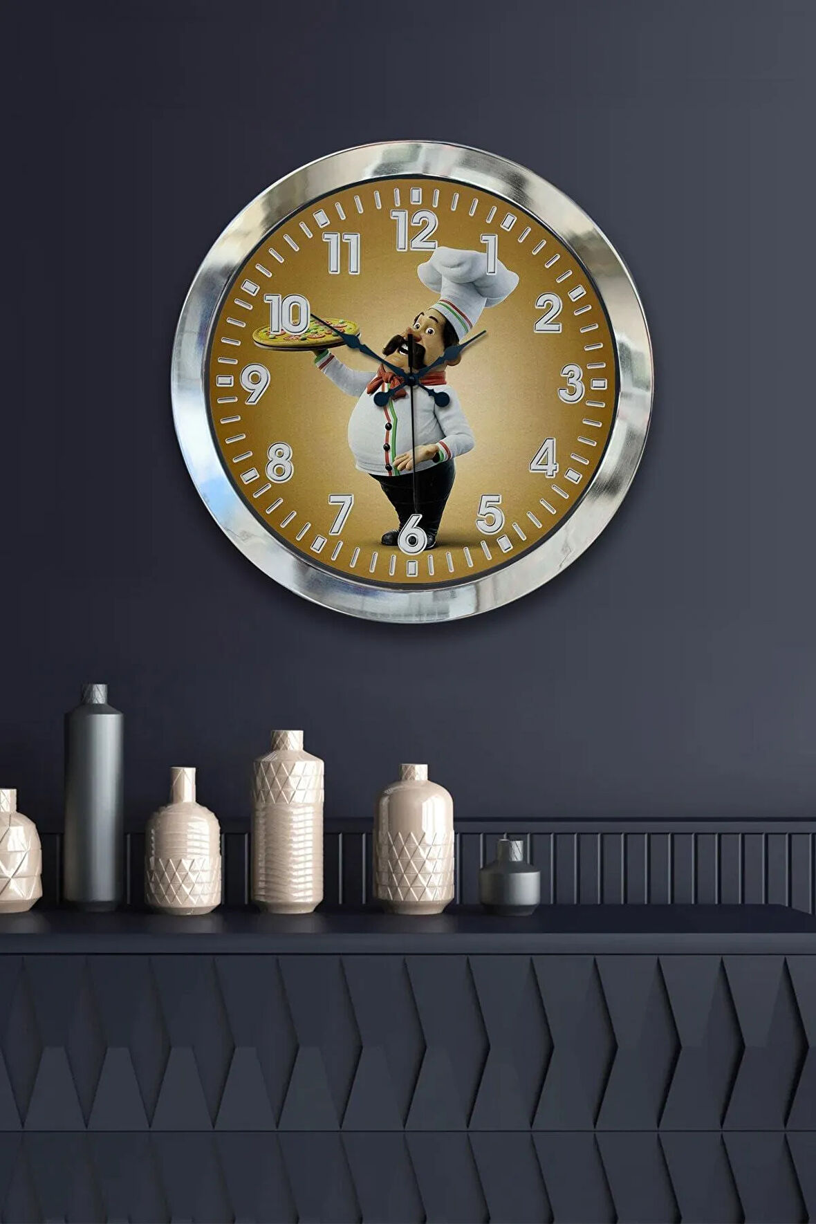 Hediyelik 36 Cm Krom Metal Aşçı Mutfak Duvar Saati