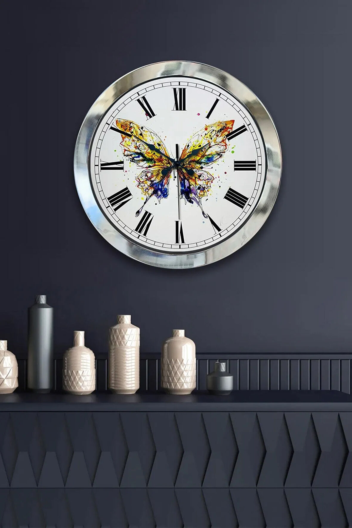 Hediyelik 36 Cm Krom Metal Kelebek Duvar Saati