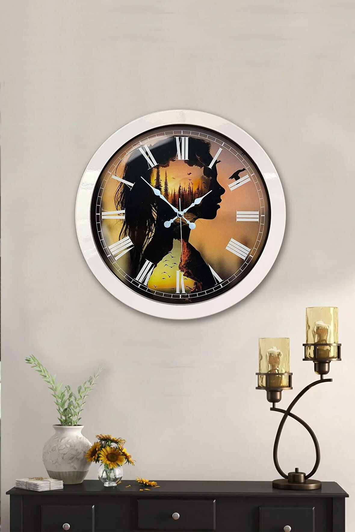 Hediyelik 36 Cm Beyaz Metal Doğa Duvar Saati