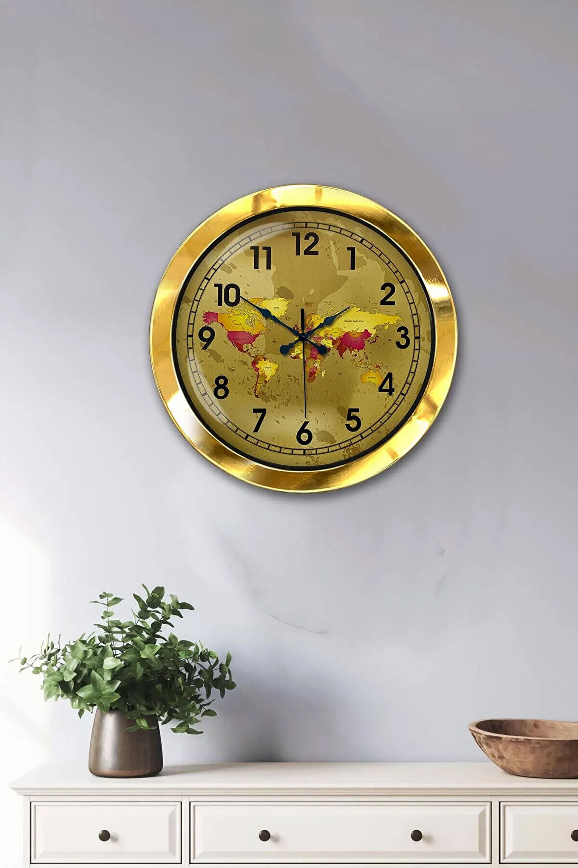 Hediyelik 36 Cm Gold Metal Harita Duvar Saati