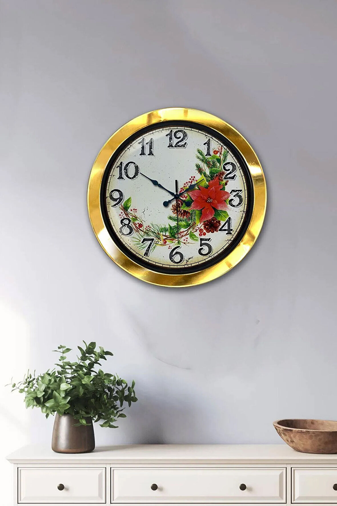 Hediyelik 36 Cm Gold Metal Çiçek Duvar Saati