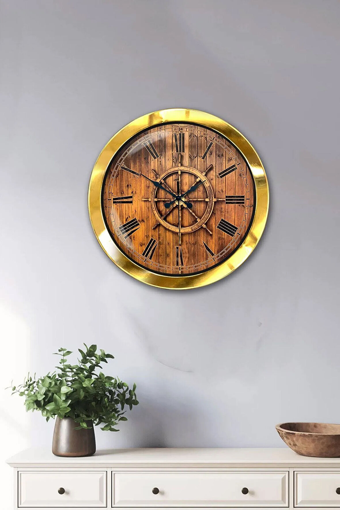 Hediyelik 36 Cm Gold Metal Dümen Duvar Saati