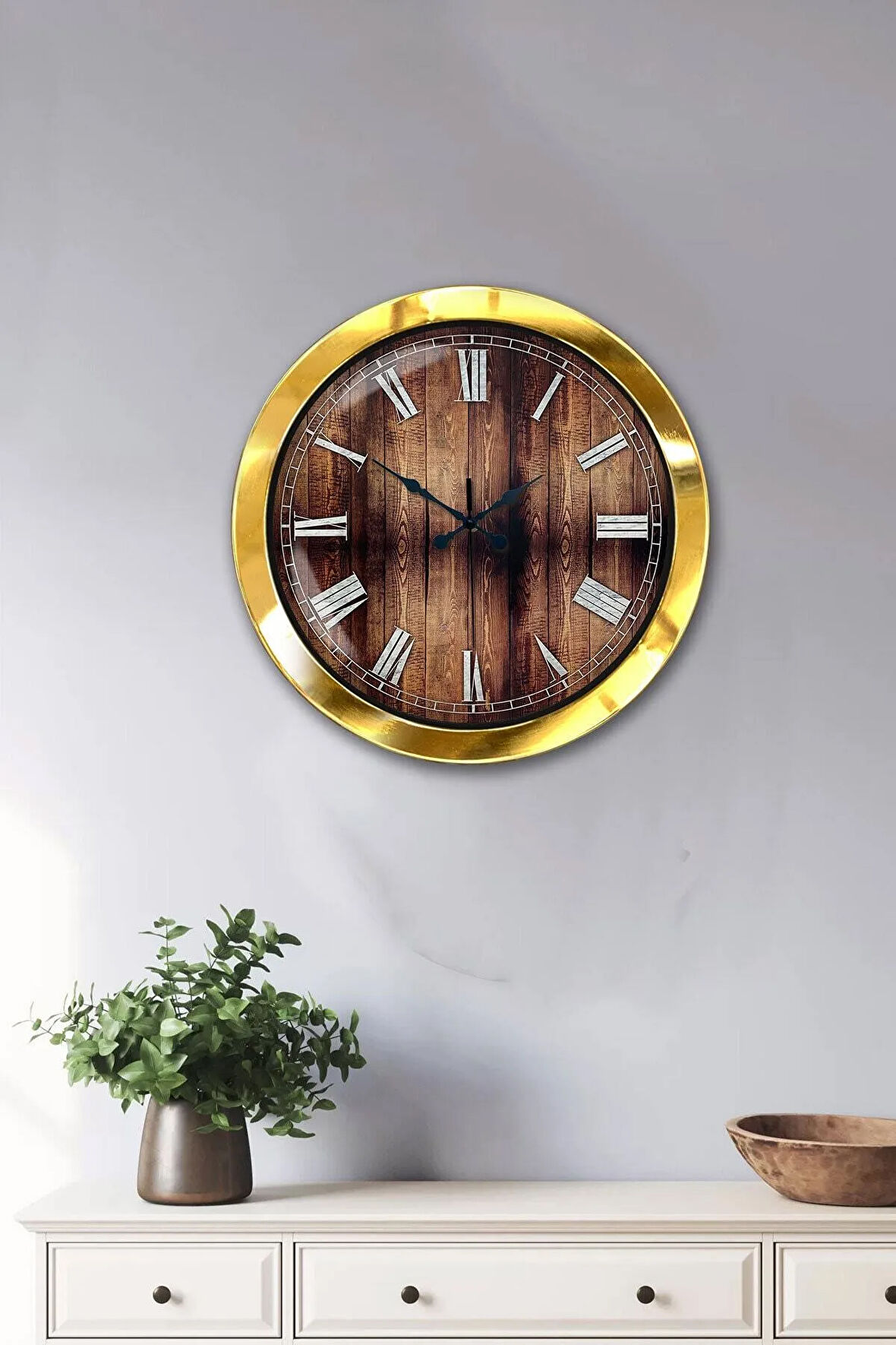 Hediyelik 36 Cm Gold Metal Wood Duvar Saati