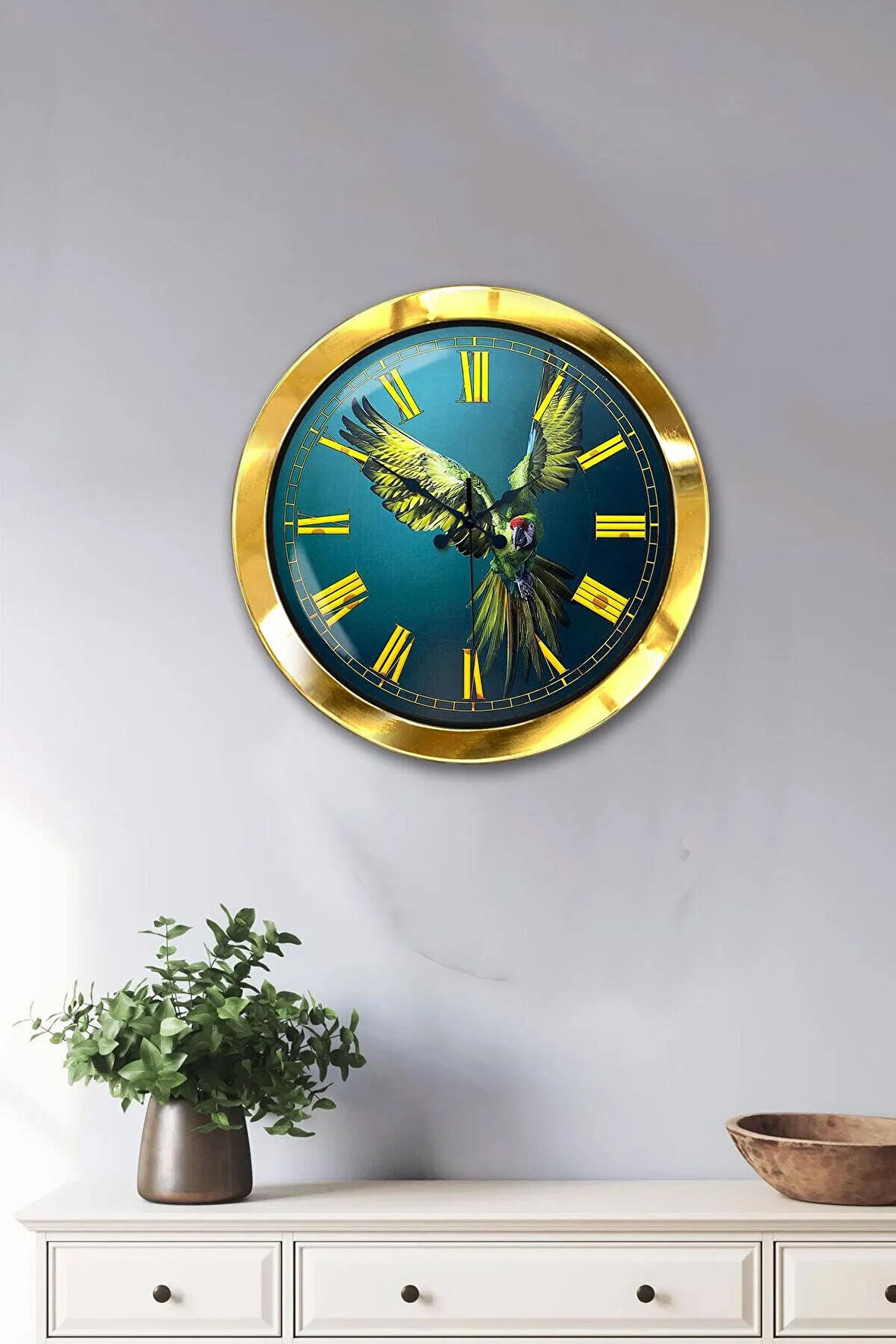 Hediyelik 36 Cm Gold Metal Papağan Duvar Saati