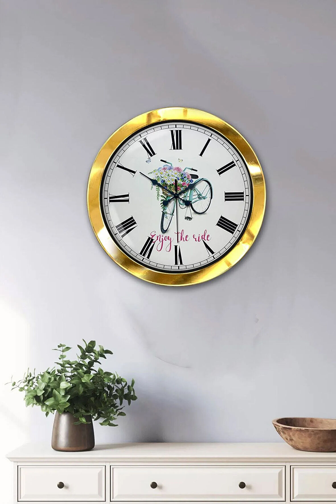 Hediyelik 36 Cm Gold Metal Bisiklet Duvar Saati