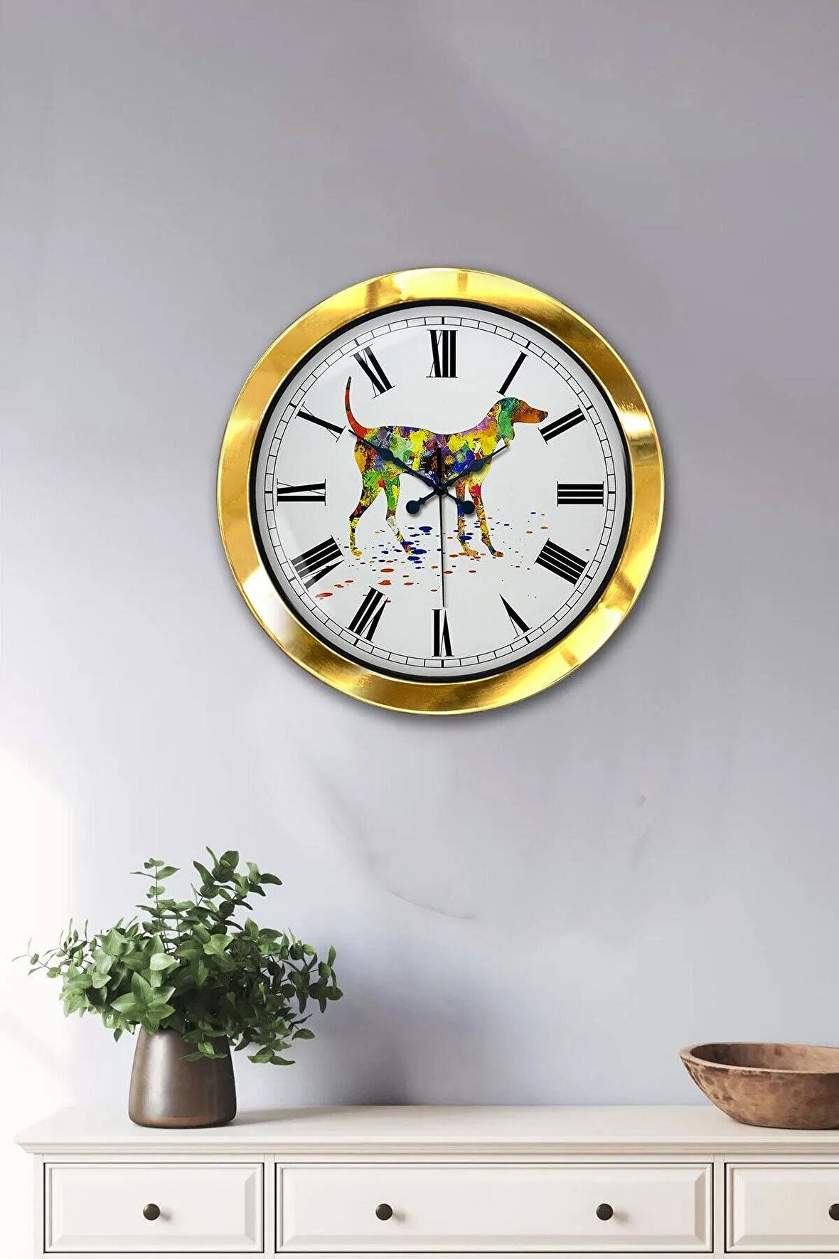 Hediyelik 36 Cm Gold Metal Köpek Figür Duvar Saati