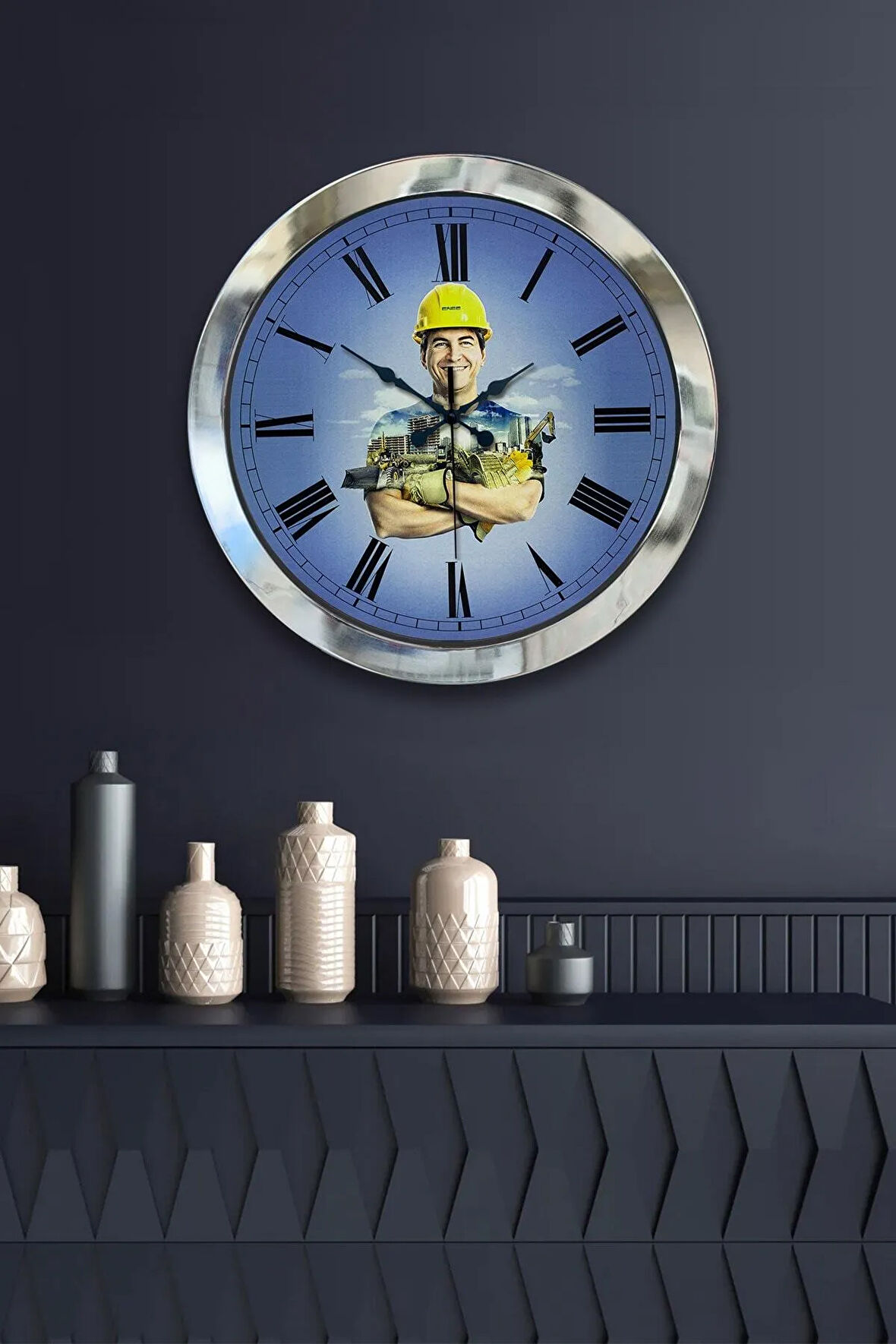 Hediyelik 36 Cm Krom Metal Inşaat Sektörü Duvar Saati