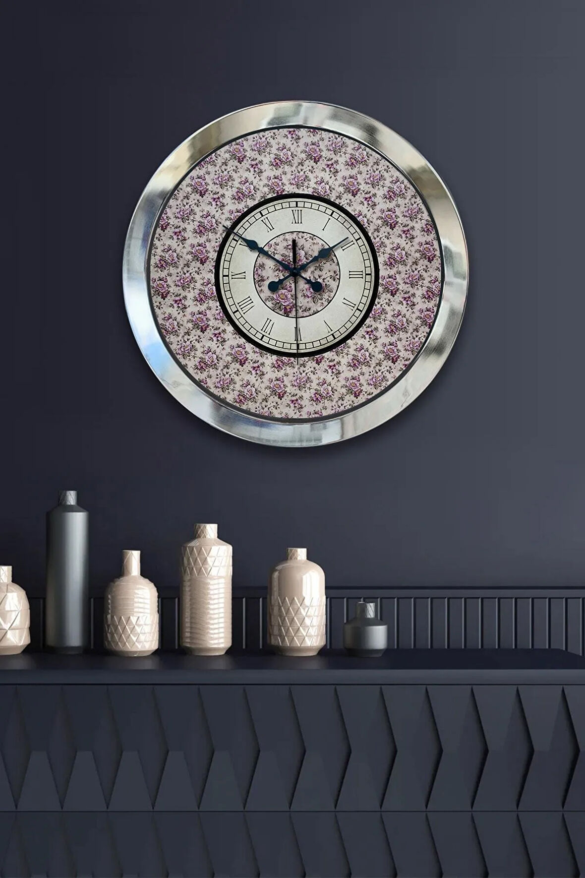 Hediyelik 36 Cm Krom Metal Mor Çiçek Duvar Saati