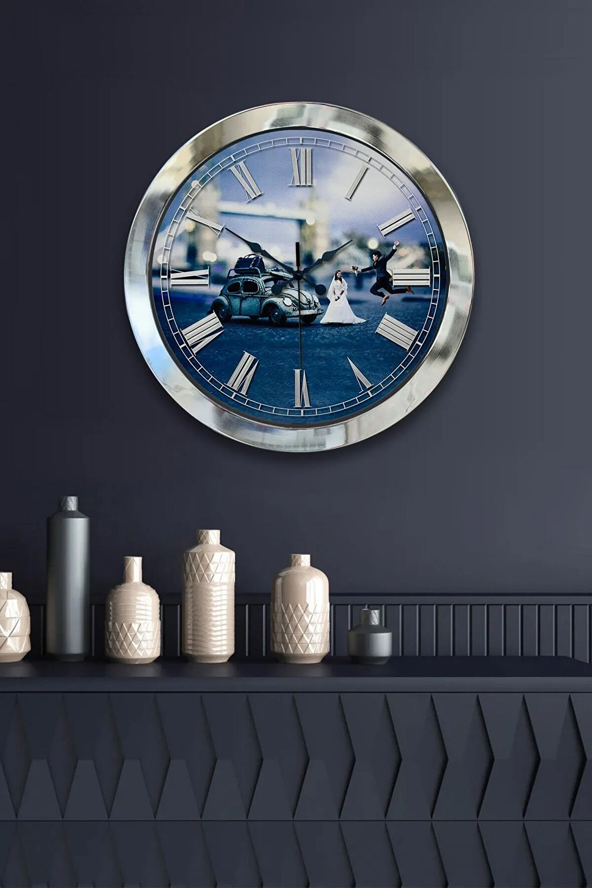 Hediyelik 36 Cm Krom Metal Gelin Damat Duvar Saati