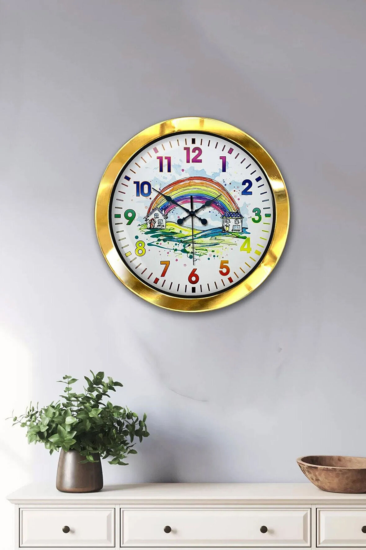 Hediyelik 36 Cm Gold Metal Çocuk Gökkuşağı Duvar Saati