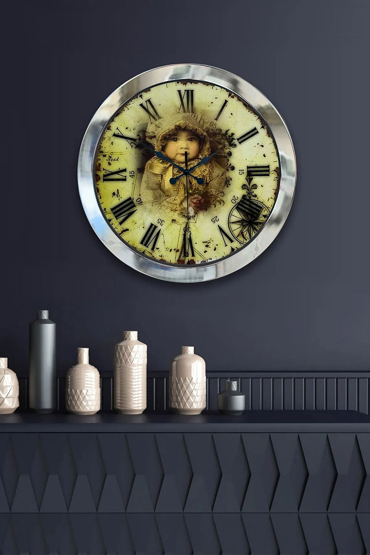 Hediyelik 36 Cm Krom Metal Bebek Duvar Saati