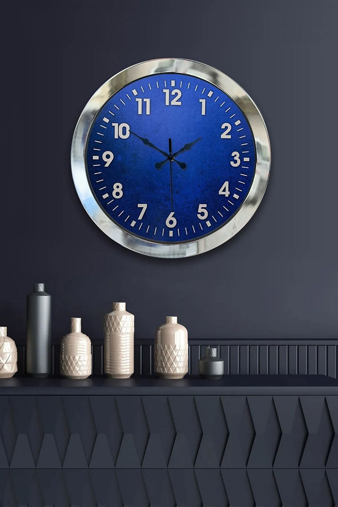 Hediyelik 36 Cm Krom Metal Mavi Duvar Saati
