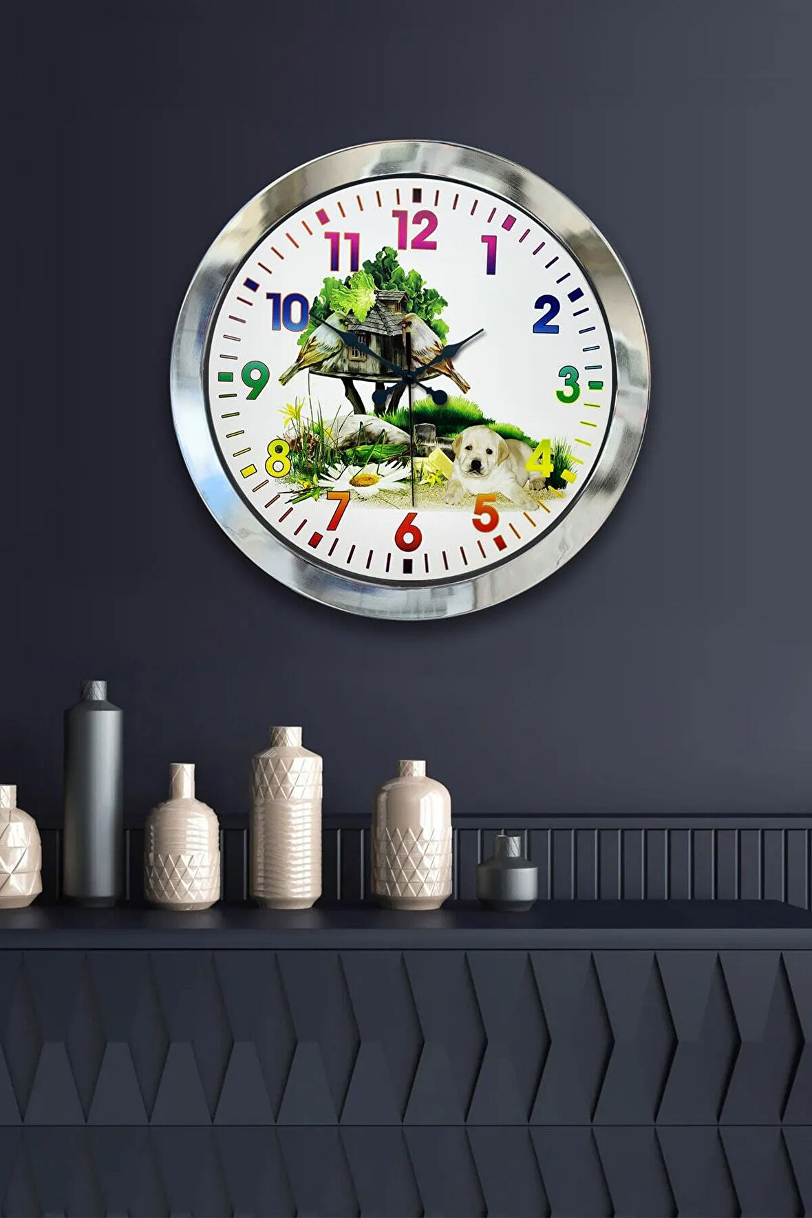 Hediyelik 36 Cm Krom Metal Doğal Yaşam Duvar Saati